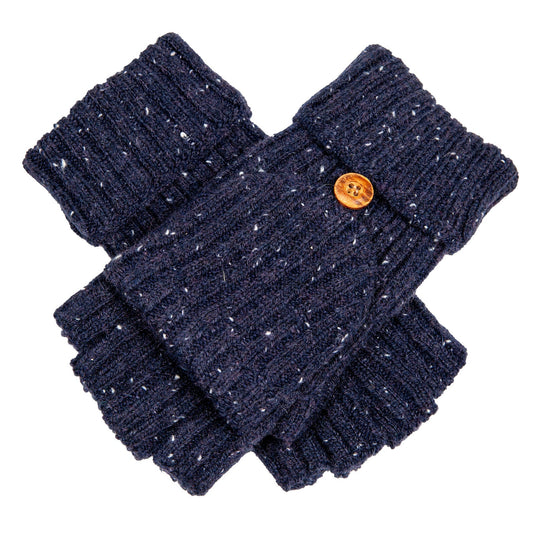 Dents Womens Ribbed Knit Wool Blend Fingerless Gloves with Marl Yarn and Mitten Flap in Navy-1
