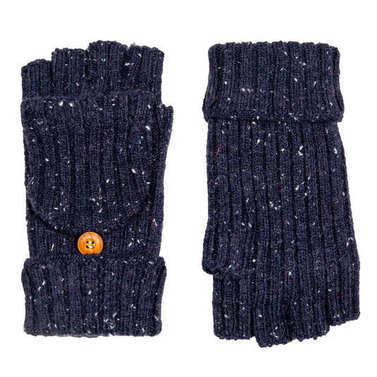 Dents Womens Ribbed Knit Wool Blend Fingerless Gloves with Marl Yarn and Mitten Flap in Navy-2