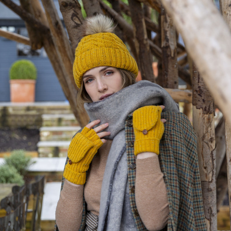 Load image into Gallery viewer, Dents Womens Ribbed Knit Wool Blend Fingerless Gloves with Marl Yarn and Mitten Flap in Ochre-2

