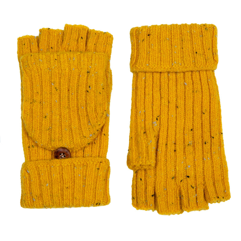 Load image into Gallery viewer, Dents Womens Ribbed Knit Wool Blend Fingerless Gloves with Marl Yarn and Mitten Flap in Ochre-3
