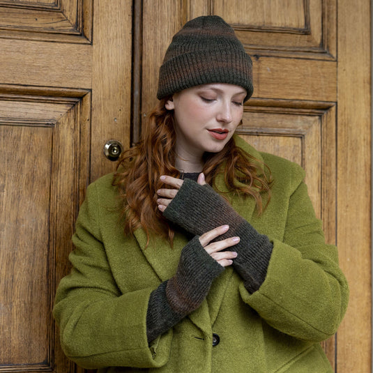 Dents Women's Long Below-Elbow Ribbed Wool Knit Wrist Warmers w/ Ombre Pattern in Moss-2
