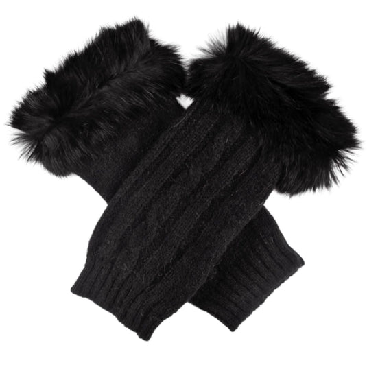 Dents Womens Wrist Warmers Lambswool Angora Cable Knit Fur Cuff Gloves - Black-3