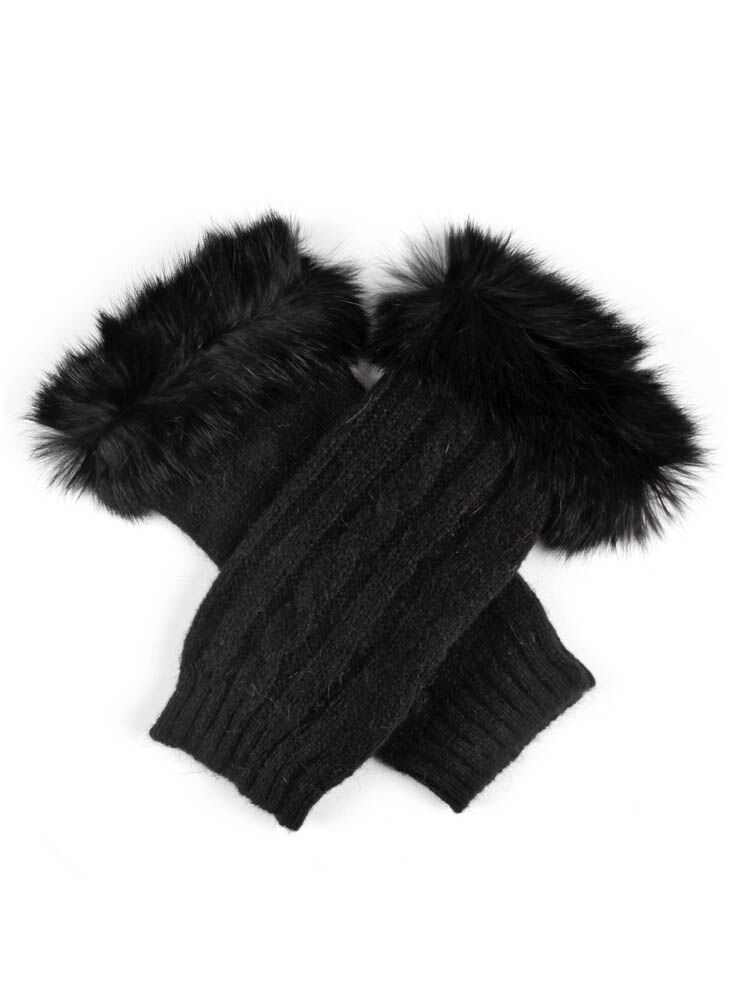 Load image into Gallery viewer, Dents Womens Wrist Warmers Lambswool Angora Cable Knit Fur Cuff Gloves - Black-4
