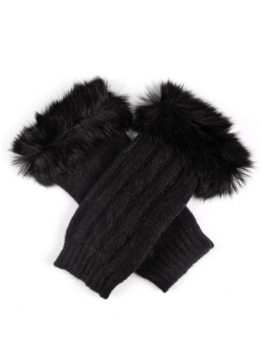 Dents Womens Wrist Warmers Lambswool Angora Cable Knit Fur Cuff Gloves - Black-4