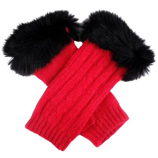 Dents Womens Wrist Warmers Lambswool Angora Cable Knit Fur Cuff - Berry/Black-3