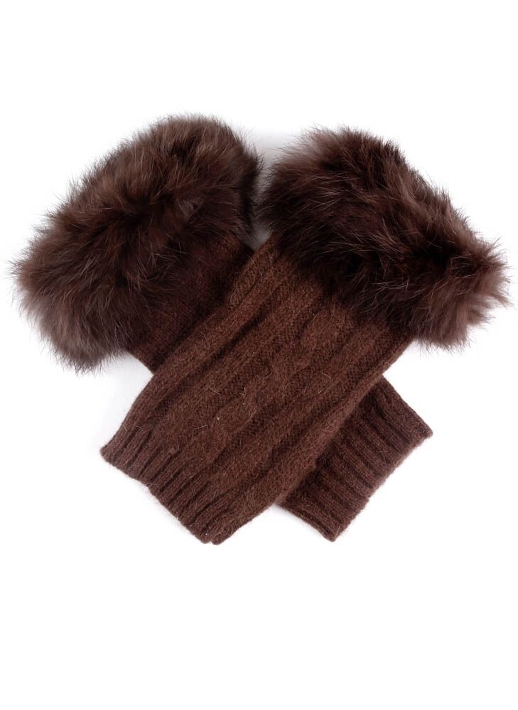 Load image into Gallery viewer, Dents Womens Wrist Warmers Lambswool Angora Cable Knit Fur Cuff - Chocolate-4
