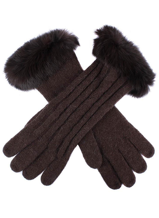 Dents Womens Cable Knit Gloves with Rabbit Fur Cuffs - Chocolate - One Size-0