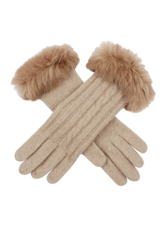 Dents Womens Cable Knit Gloves with Fur Cuffs - Oatmeal-1