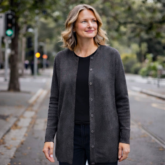 Luxury Cashmere Wool Button Cardigan (Longline) in Charcoal-4