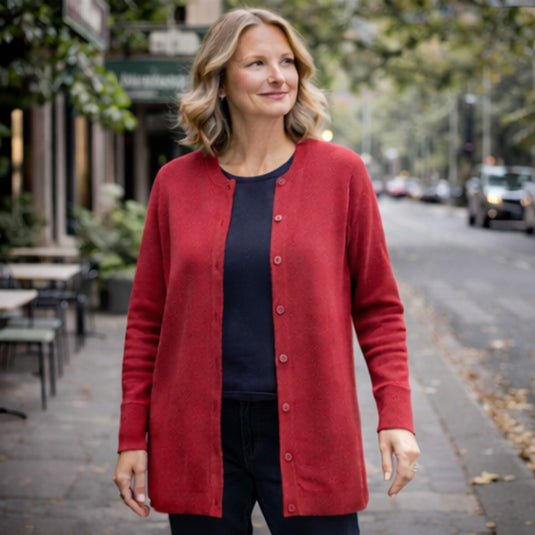 Luxury Cashmere Wool Button Cardigan (Longline) in Red-4