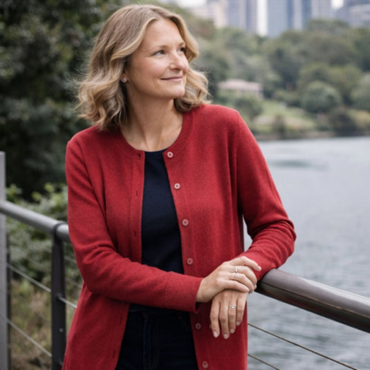 Luxury Cashmere Wool Button Cardigan (Longline) in Red-3