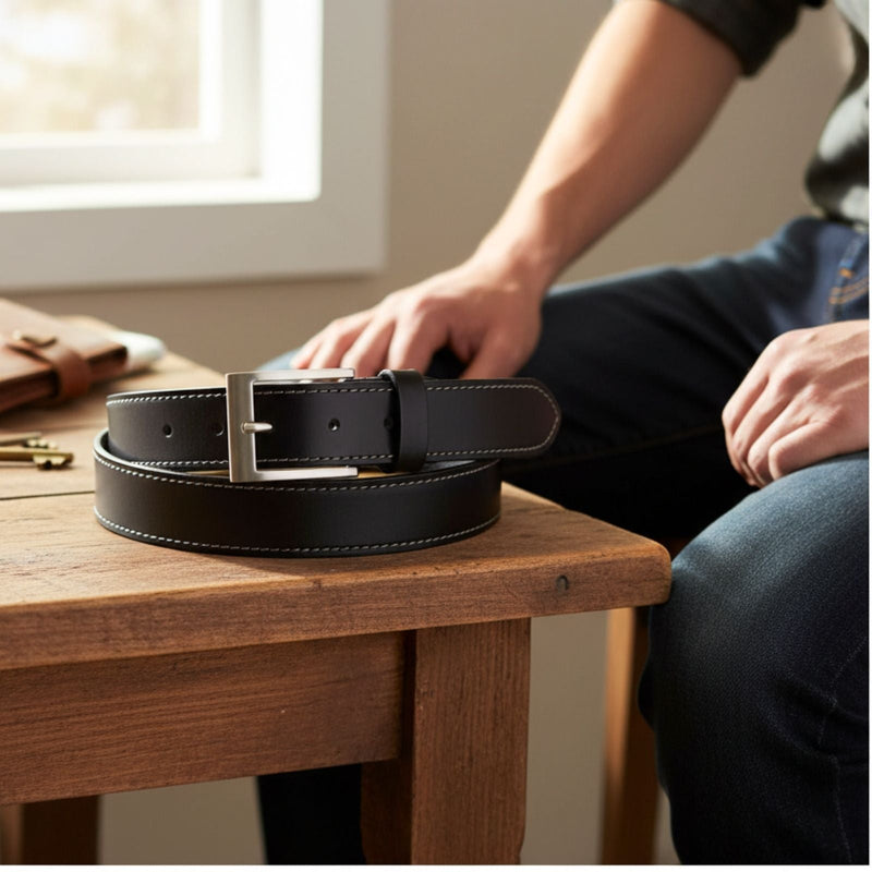 Load image into Gallery viewer, Jacaru 6014 Stitched Leather Belt Black 35mm

