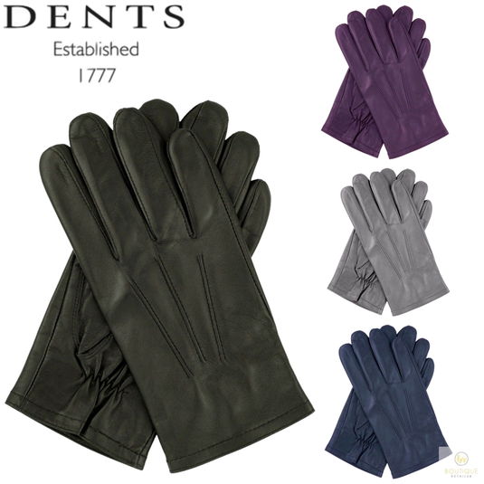 Dents Mens Genuine Full Grain Leather Gloves 3 Point Stitch Fleece Lined Warm Winter - Dark Khaki