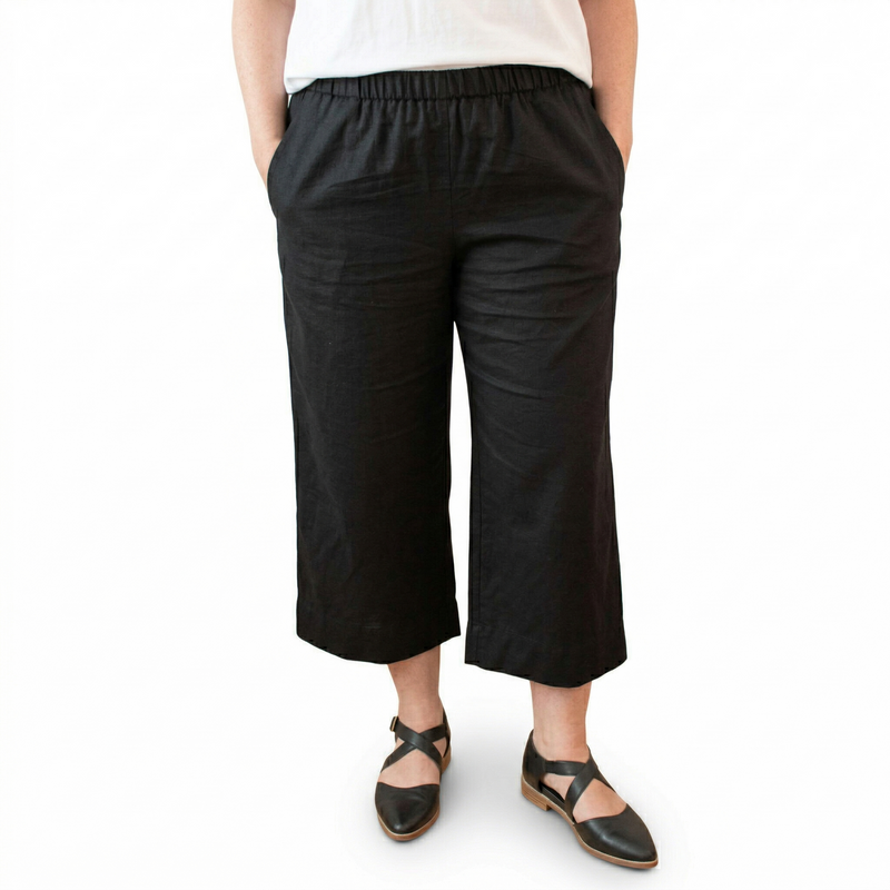 Load image into Gallery viewer, Idyl Womens Linen/Cotton Crop Wide Leg Pants Trousers Ladies Capri - Black-1
