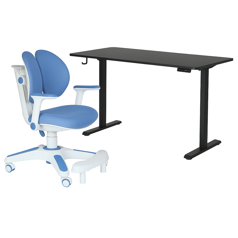 Load image into Gallery viewer, Ergonomic Kids Study Chair &amp; Adjustable Electric Standing Desk Set – Blue Chair &amp; Black Desk-0
