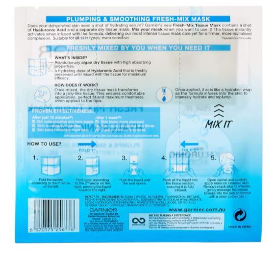 Load image into Gallery viewer, Garnier 33g SkinActive Fresh Mix Tissue Mask Hyaluronic Shot Plumps &amp; Smoothen Skin-3
