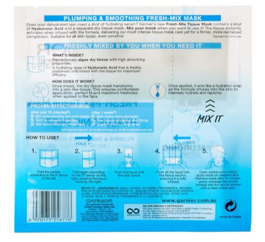 Garnier 33g SkinActive Fresh Mix Tissue Mask Hyaluronic Shot Plumps & Smoothen Skin-3