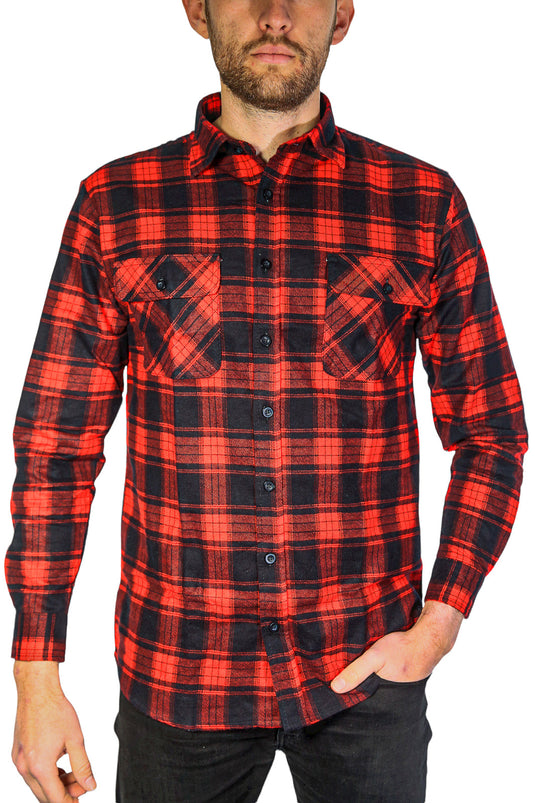 Mens Flannelette Long Sleeve Shirt 100% Cotton Check Authentic Flannel - Full Placket - Black