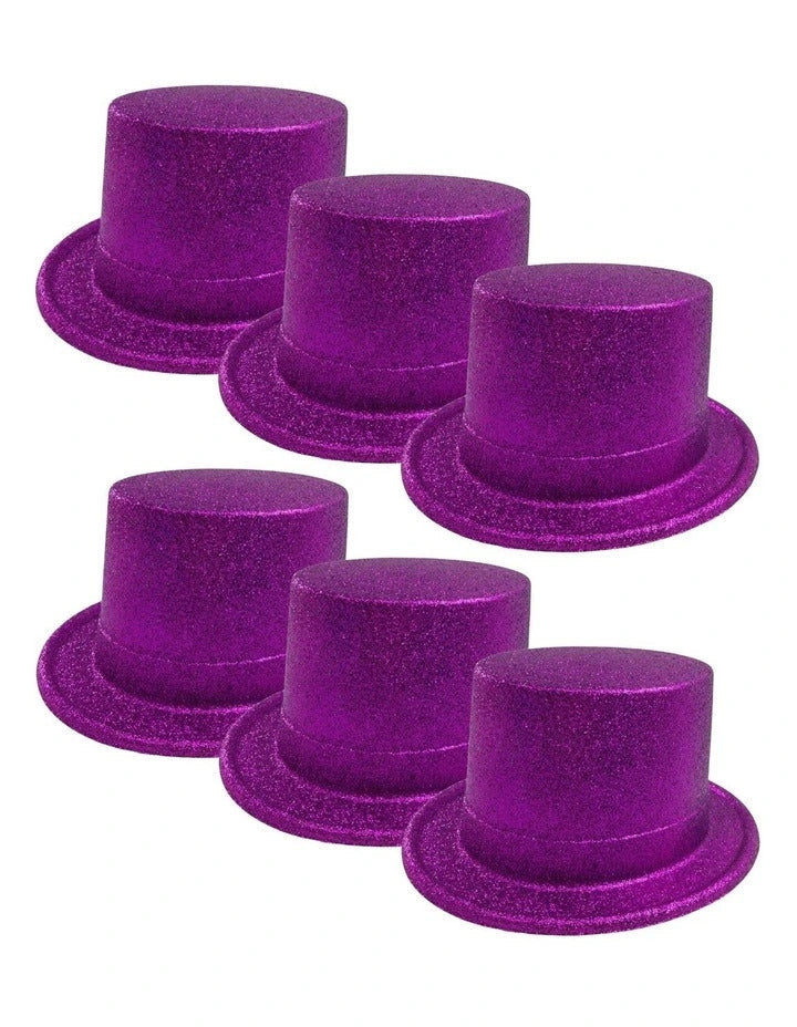 Load image into Gallery viewer, 6x GLITTER TOP HAT Fancy Party Plastic Costume Tall Cap Fun Dress Up BULK - Purple - One Size-1
