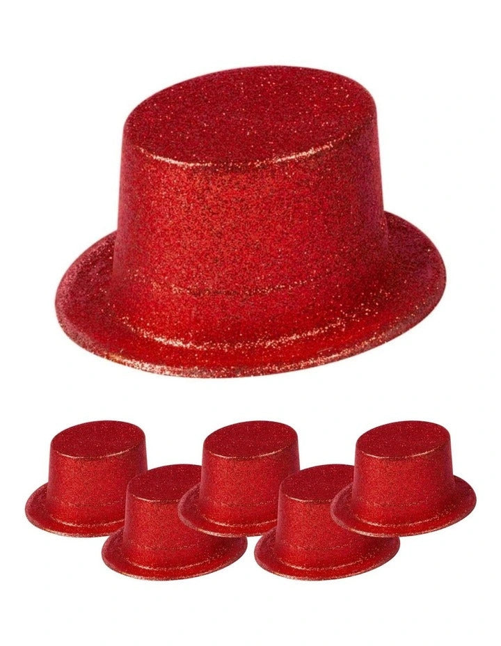Load image into Gallery viewer, 6x GLITTER TOP HAT Fancy Party Plastic Costume Tall Cap Fun Dress Up BULK - Red - One Size-0
