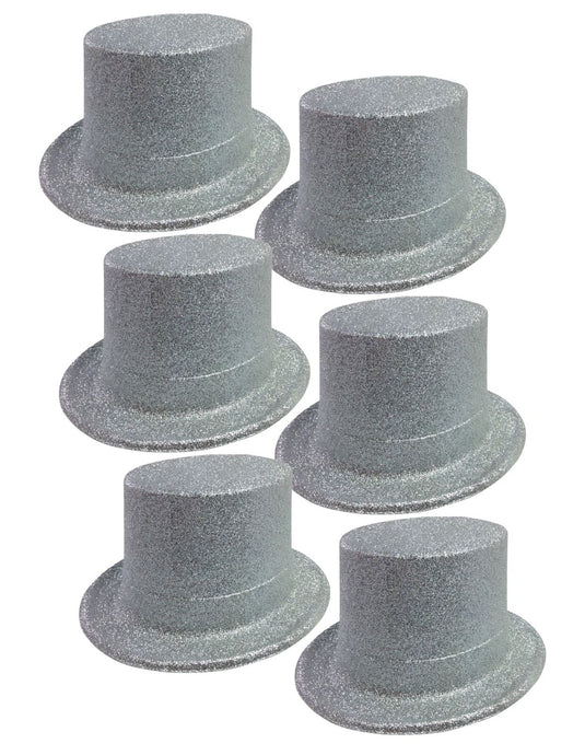 6x GLITTER TOP HAT Fancy Party Plastic Costume Tall Cap Fun Dress Up BULK - Silver - One Size-1