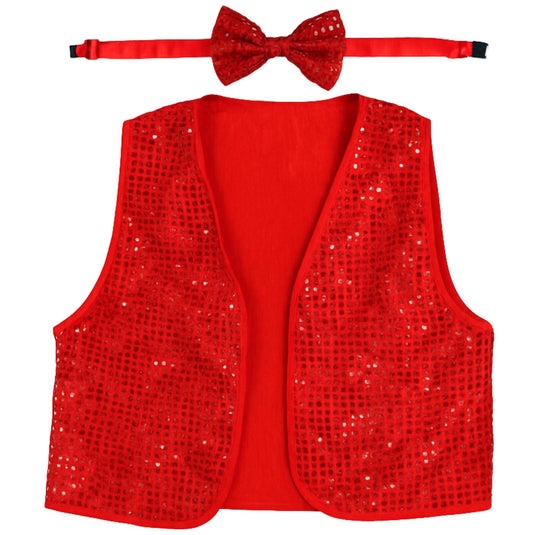 6x Adult Unisex SEQUIN BOW TIE & VEST Dance Costume Party Sparkle Set in Red-2