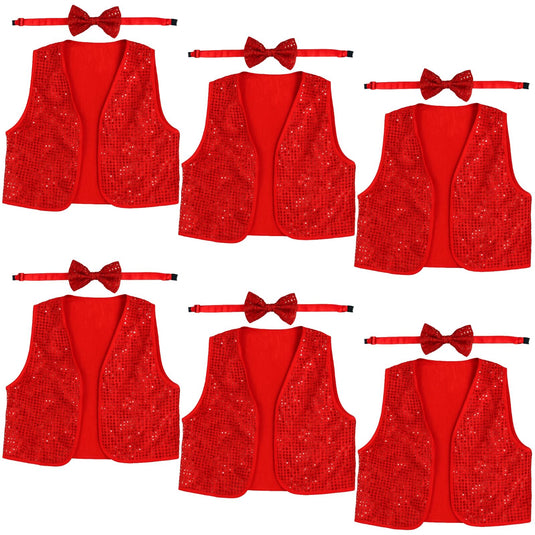 6x Adult Unisex SEQUIN BOW TIE & VEST Dance Costume Party Sparkle Set in Red-0