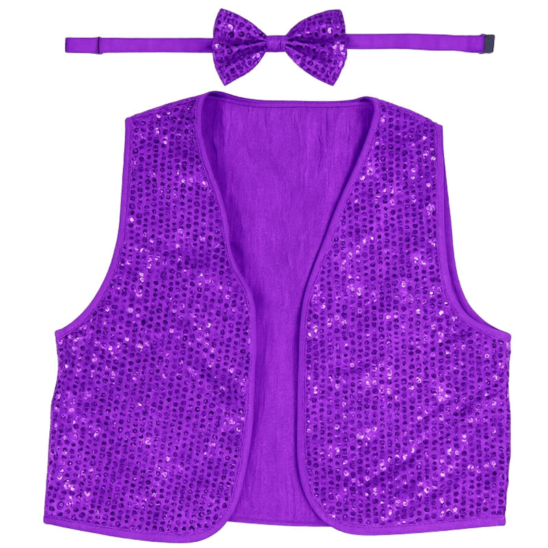 Load image into Gallery viewer, 6x Adult Unisex SEQUIN BOW TIE &amp; VEST Dance Costume Party Sparkle Set in Purple-2
