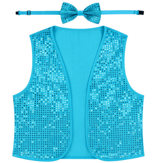6x Adult Unisex SEQUIN BOW TIE & VEST Dance Costume Party Sparkle Set in Light Blue-2
