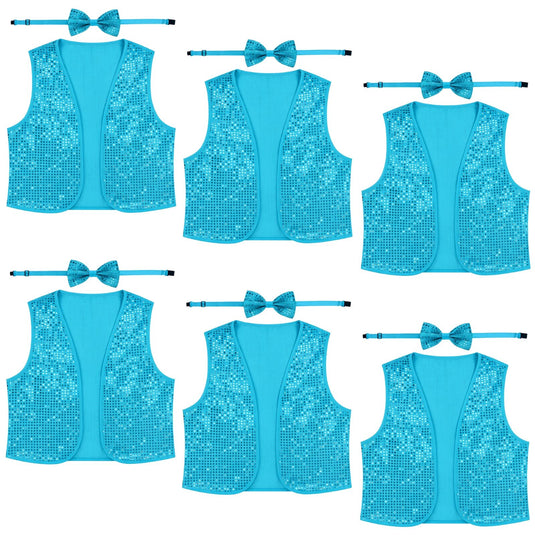 6x Adult Unisex SEQUIN BOW TIE & VEST Dance Costume Party Sparkle Set in Light Blue-0