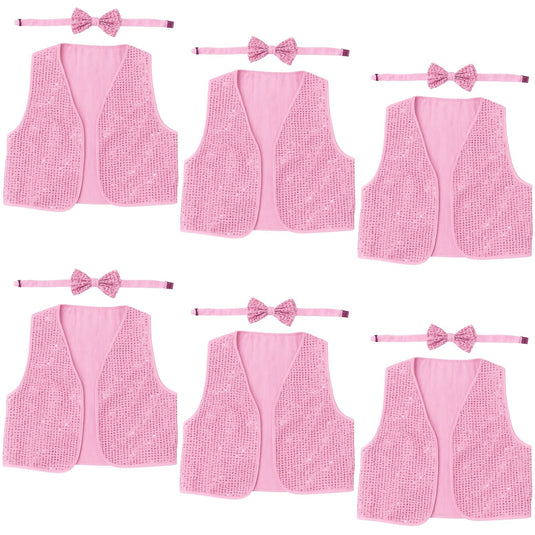 6x Kids Sequin Vest Bow Tie Set Costume 80s Party Dress Up Waistcoat - Pink-0