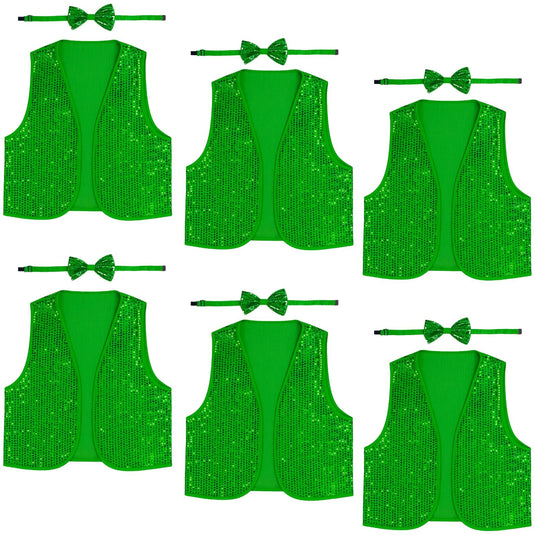 6x Kids Sequin Vest Bow Tie Set Costume 80s Party Dress Up Waistcoat - Green-0