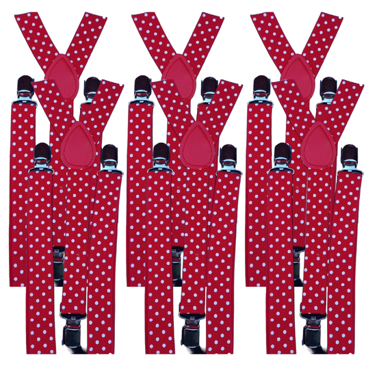 6x Mens Suspenders Braces Adjustable Strong Clip On Elastic Formal Wedding BULK - Red with White Polka Dot-1