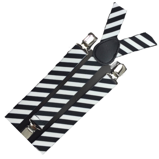 6x Mens Suspenders Braces Adjustable Strong Clip On Elastic Formal Wedding BULK - Black/White Diagonal Stripes-2