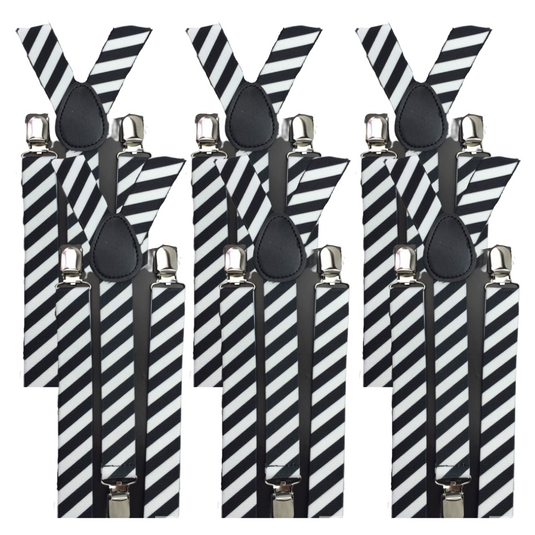 6x Mens Suspenders Braces Adjustable Strong Clip On Elastic Formal Wedding BULK - Black/White Diagonal Stripes-0