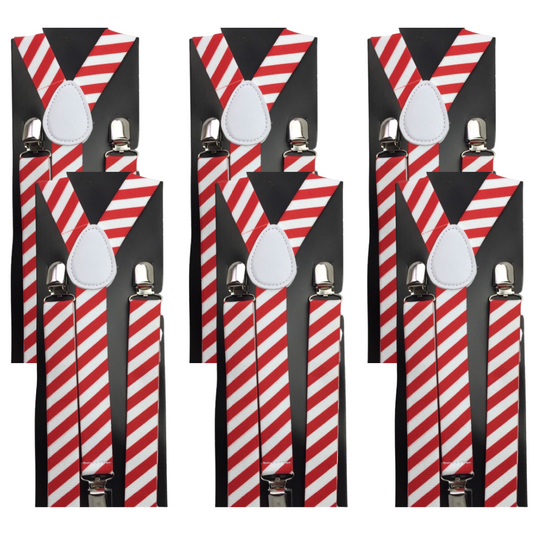 6x Mens Suspenders Braces Adjustable Strong Clip On Elastic Formal Wedding BULK - Red/White Diagonal Stripes-1