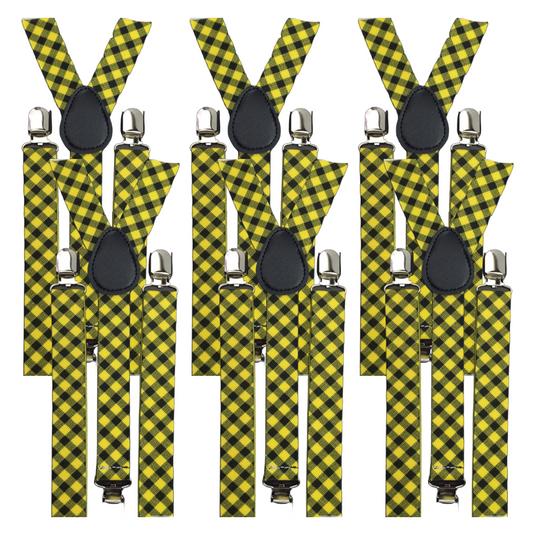 6x Mens Suspenders Braces Adjustable Strong Clip On Elastic Formal Wedding BULK - Black/Yellow Check-0