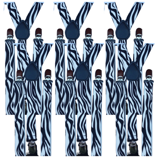 6x Mens Suspenders Braces Adjustable Strong Clip On Elastic Formal Wedding BULK - Zebra-1