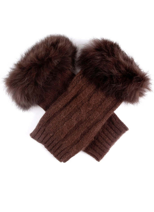 Dents Womens Lambswool Angora Cable Knit Wrist Arm Warmers With Fur Cuff