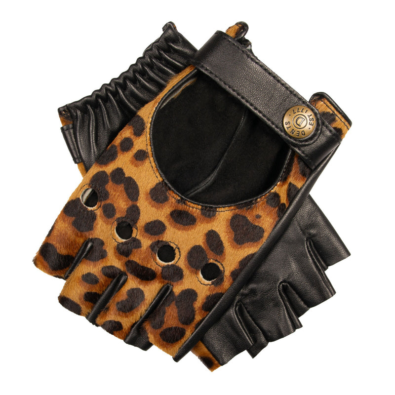 Load image into Gallery viewer, Dents Womens Fingerless Leather Driving Gloves in Ponyskin Leopard Print Design-6

