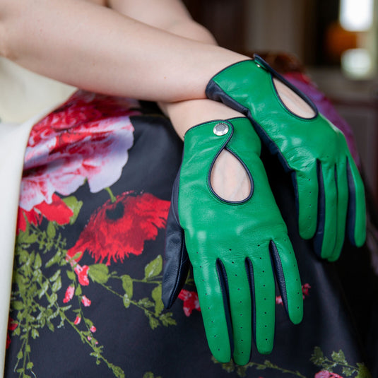 Dents Women’s Touchscreen Leather Driving Gloves in Emerald/Navy-4