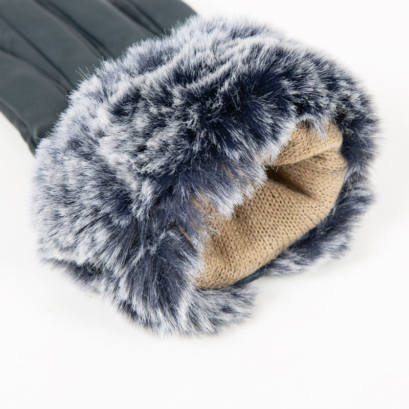 Load image into Gallery viewer, Dents Womens Touchscreen Three-Point Lined Leather Gloves with Faux Fur Cuffs In Navy-4
