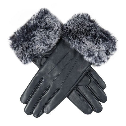 Dents Womens Touchscreen Three-Point Lined Leather Gloves with Faux Fur Cuffs In Navy-1