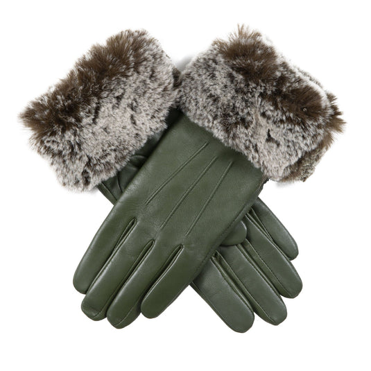 Dents Women’s Touchscreen Three-Point Lined Leather Gloves with Faux Fur Cuffs in Sage-6