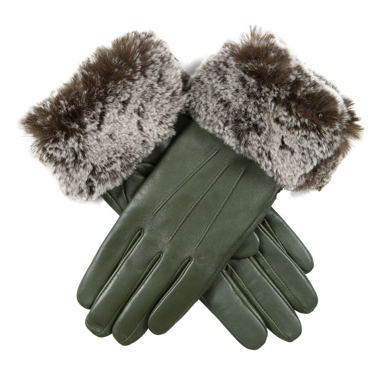 Load image into Gallery viewer, Dents Women’s Touchscreen Three-Point Lined Leather Gloves with Faux Fur Cuffs in Sage-5
