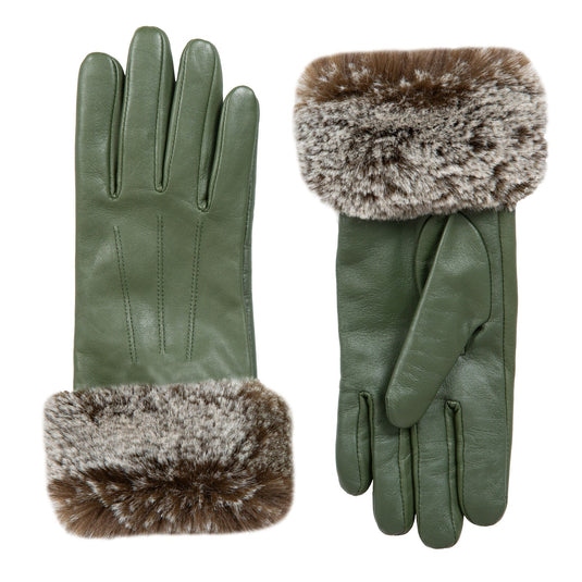 Dents Women’s Touchscreen Three-Point Lined Leather Gloves with Faux Fur Cuffs in Sage-3