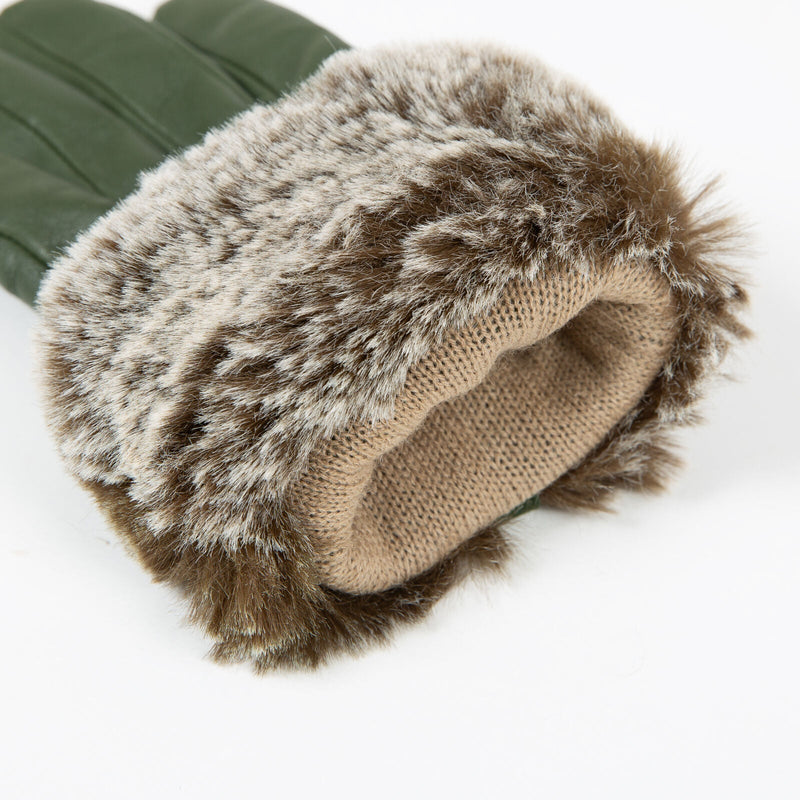 Load image into Gallery viewer, Dents Women’s Touchscreen Three-Point Lined Leather Gloves with Faux Fur Cuffs in Sage-4
