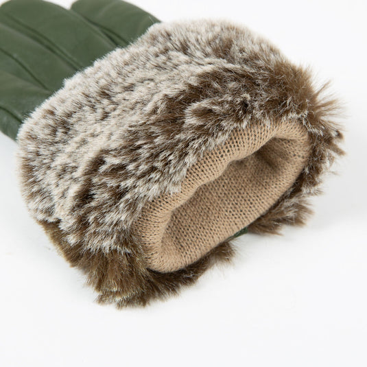 Dents Women’s Touchscreen Three-Point Lined Leather Gloves with Faux Fur Cuffs in Sage-4