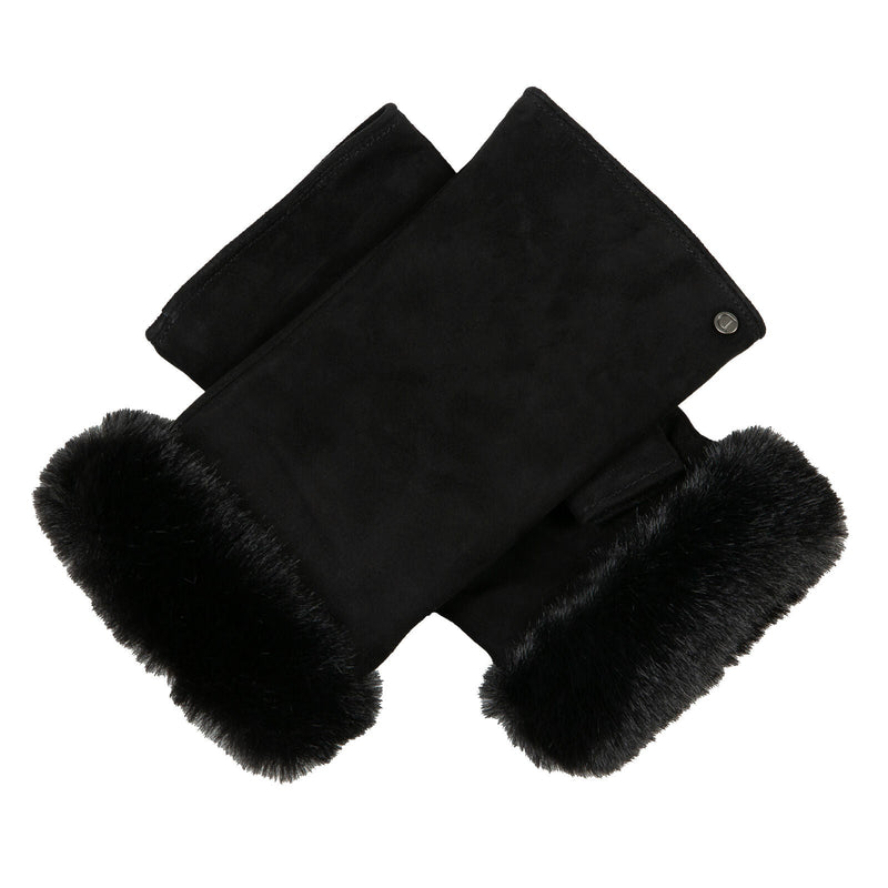 Load image into Gallery viewer, Dents Womens Fingerless Faux Fur-Lined Suede Mitten Gloves w/ Faux Fur Trim in Black-6
