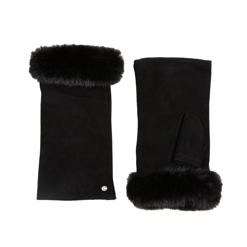 Load image into Gallery viewer, Dents Womens Fingerless Faux Fur-Lined Suede Mitten Gloves w/ Faux Fur Trim in Black-4
